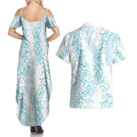 Hawaii Plumeria Lei Couples Matching Summer Maxi Dress and Hawaiian Shirt Aloha Festive Vibe - Turquoise