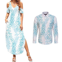 Hawaii Plumeria Lei Couples Matching Summer Maxi Dress and Long Sleeve Button Shirt Aloha Festive Vibe - Turquoise