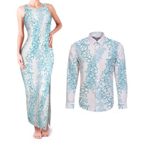 Hawaii Plumeria Lei Couples Matching Tank Maxi Dress and Long Sleeve Button Shirt Aloha Festive Vibe - Turquoise