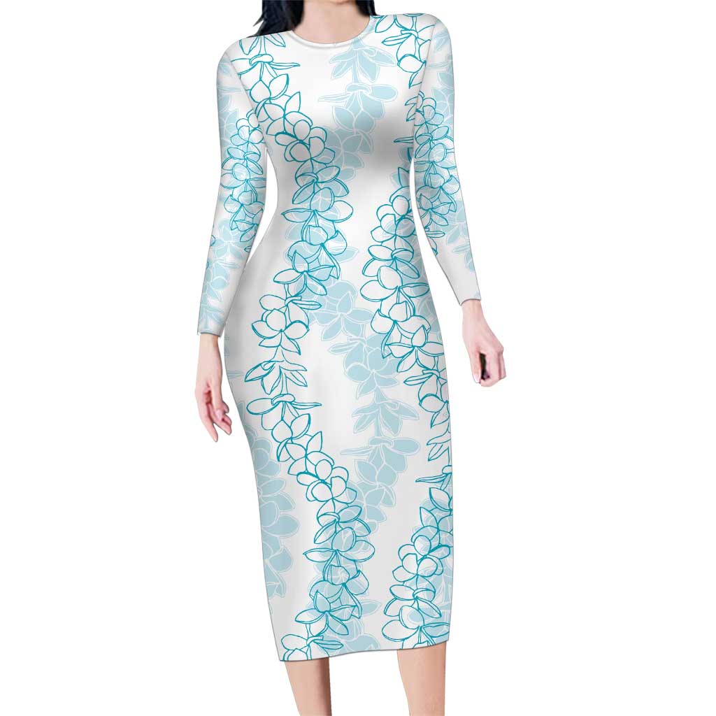 Hawaii Plumeria Lei Family Matching Long Sleeve Bodycon Dress and Hawaiian Shirt Aloha Festive Vibe - Turquoise