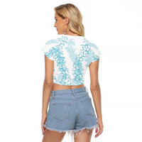 Hawaii Plumeria Lei Raglan Cropped T Shirt Aloha Festive Vibe - Turquoise