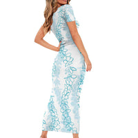 Hawaii Plumeria Lei Short Sleeve Bodycon Dress Aloha Festive Vibe - Turquoise