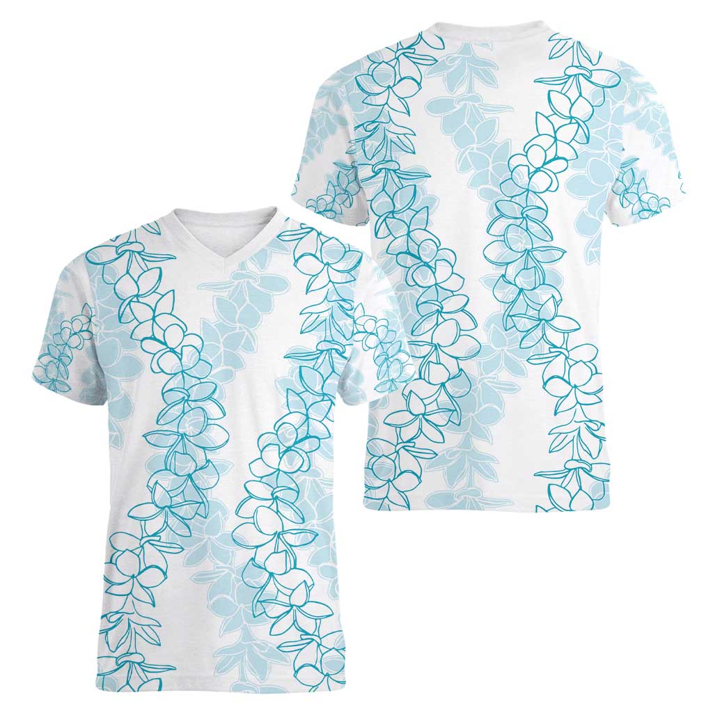 Hawaii Plumeria Lei Women V-Neck T-Shirt Aloha Festive Vibe - Turquoise LT7 - Polynesian Pride