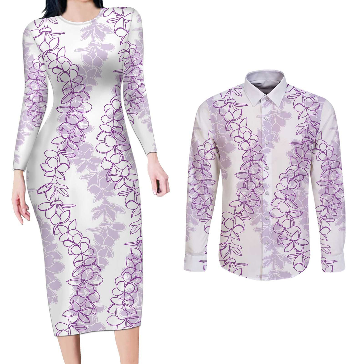 Hawaii Plumeria Lei Couples Matching Long Sleeve Bodycon Dress and Long Sleeve Button Shirt Aloha Festive Vibe - Amethyst