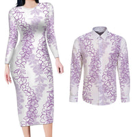 Hawaii Plumeria Lei Couples Matching Long Sleeve Bodycon Dress and Long Sleeve Button Shirt Aloha Festive Vibe - Amethyst