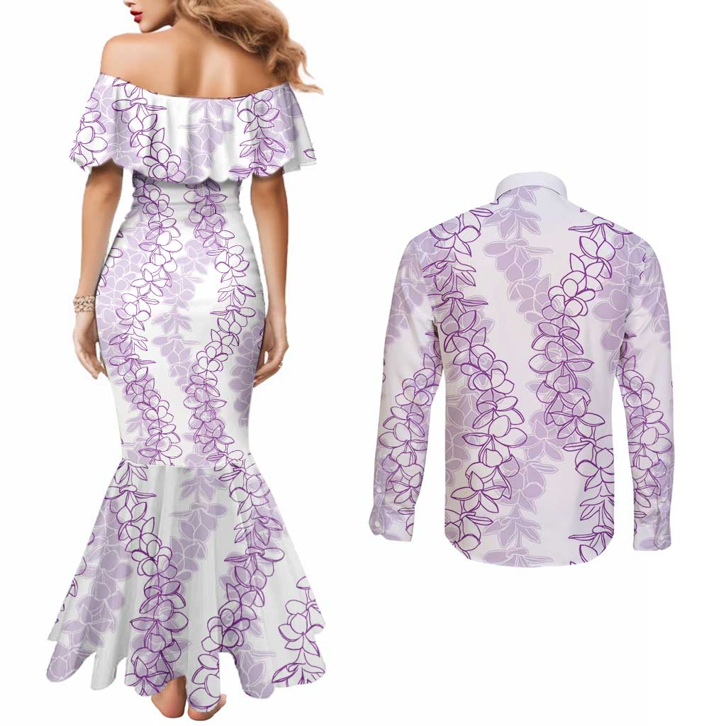 Hawaii Plumeria Lei Couples Matching Mermaid Dress and Long Sleeve Button Shirt Aloha Festive Vibe - Amethyst