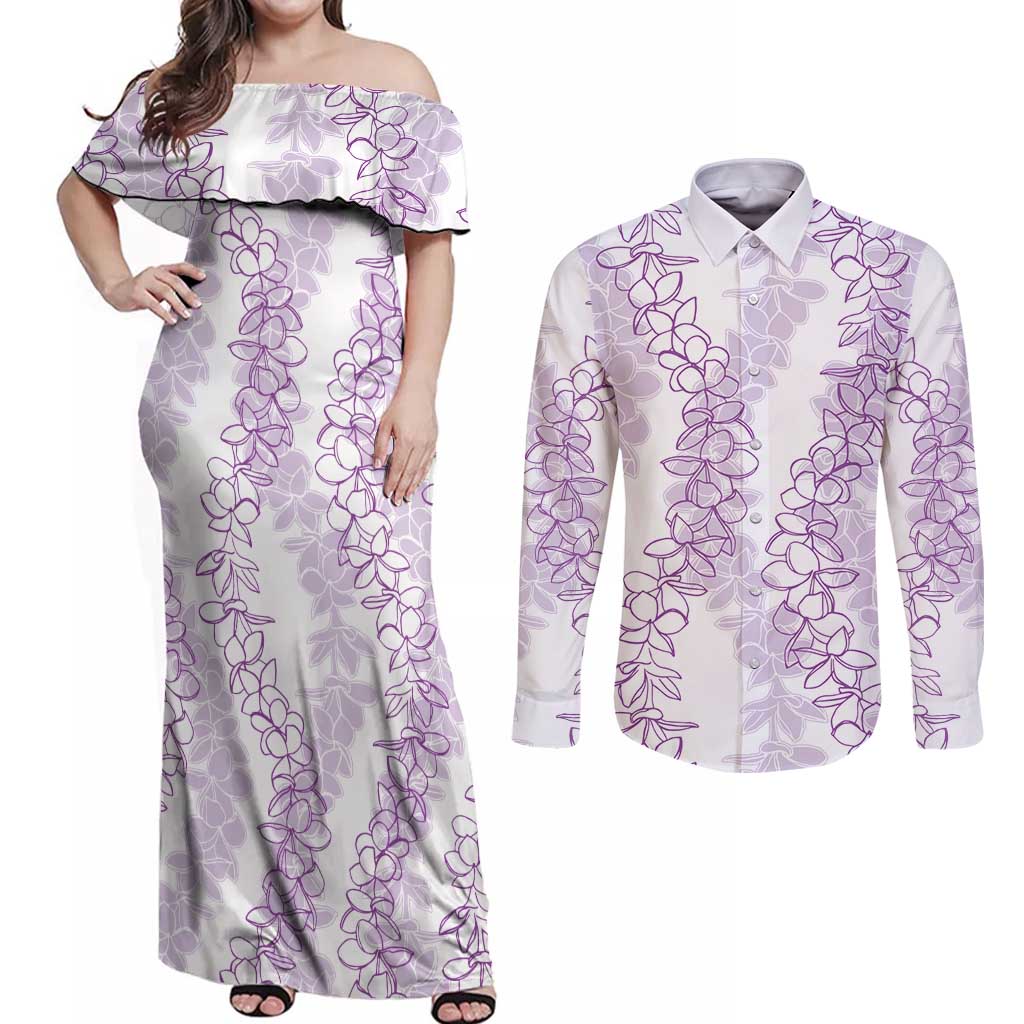 Hawaii Plumeria Lei Couples Matching Off Shoulder Maxi Dress and Long Sleeve Button Shirt Aloha Festive Vibe - Amethyst