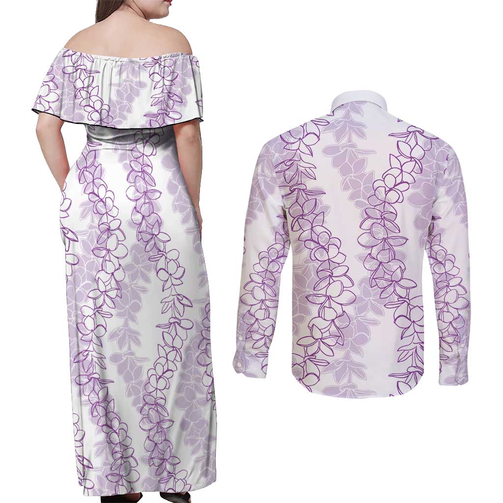 Hawaii Plumeria Lei Couples Matching Off Shoulder Maxi Dress and Long Sleeve Button Shirt Aloha Festive Vibe - Amethyst