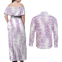Hawaii Plumeria Lei Couples Matching Off Shoulder Maxi Dress and Long Sleeve Button Shirt Aloha Festive Vibe - Amethyst