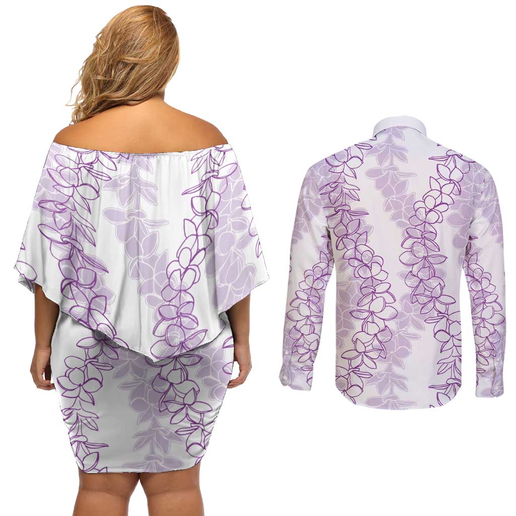 Hawaii Plumeria Lei Couples Matching Off Shoulder Short Dress and Long Sleeve Button Shirt Aloha Festive Vibe - Amethyst