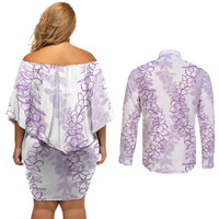 Hawaii Plumeria Lei Couples Matching Off Shoulder Short Dress and Long Sleeve Button Shirt Aloha Festive Vibe - Amethyst