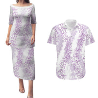 Hawaii Plumeria Lei Couples Matching Puletasi and Hawaiian Shirt Aloha Festive Vibe - Amethyst