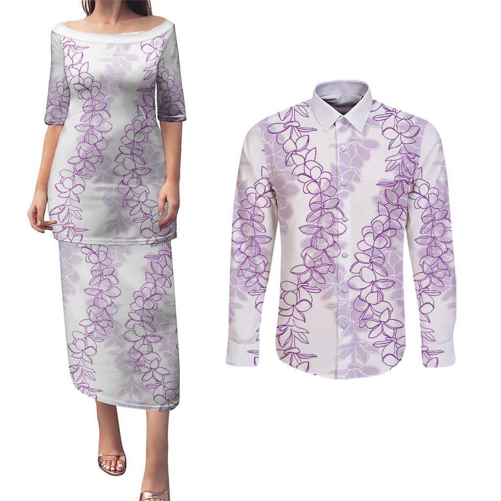 Hawaii Plumeria Lei Couples Matching Puletasi and Long Sleeve Button Shirt Aloha Festive Vibe - Amethyst
