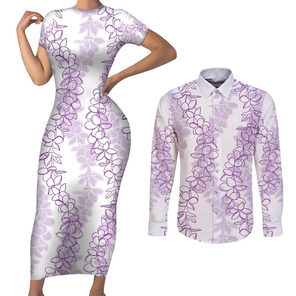 Hawaii Plumeria Lei Couples Matching Short Sleeve Bodycon Dress and Long Sleeve Button Shirt Aloha Festive Vibe - Amethyst