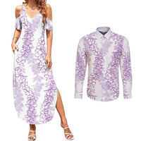 Hawaii Plumeria Lei Couples Matching Summer Maxi Dress and Long Sleeve Button Shirt Aloha Festive Vibe - Amethyst
