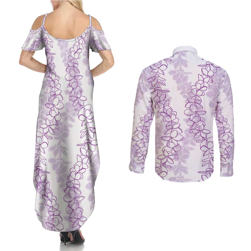 Hawaii Plumeria Lei Couples Matching Summer Maxi Dress and Long Sleeve Button Shirt Aloha Festive Vibe - Amethyst