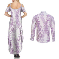 Hawaii Plumeria Lei Couples Matching Summer Maxi Dress and Long Sleeve Button Shirt Aloha Festive Vibe - Amethyst