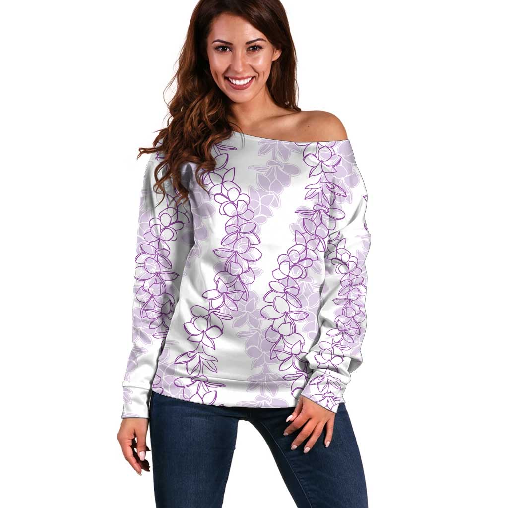 Hawaii Plumeria Lei Off Shoulder Sweater Aloha Festive Vibe - Amethyst