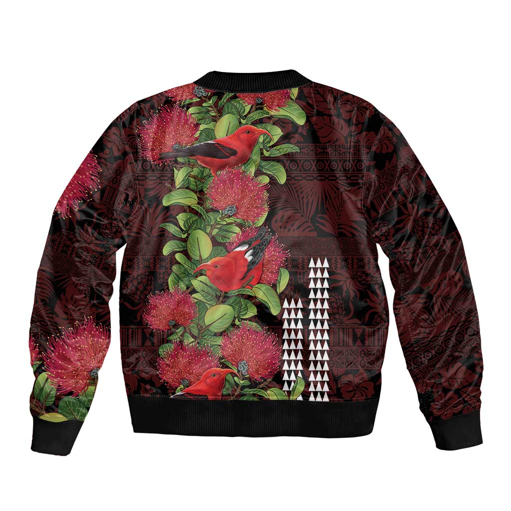 Hawaii Mele Kalikimaka Kakau Bomber Jacket I'iwi Bird on Ohia Lehua
