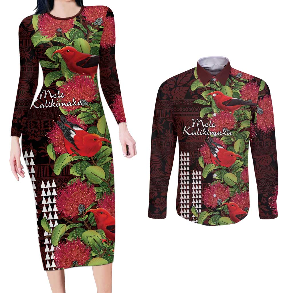 Hawaii Mele Kalikimaka Kakau Couples Matching Long Sleeve Bodycon Dress and Long Sleeve Button Shirt I'iwi Bird on Ohia Lehua