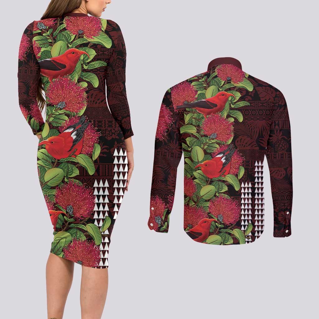 Hawaii Mele Kalikimaka Kakau Couples Matching Long Sleeve Bodycon Dress and Long Sleeve Button Shirt I'iwi Bird on Ohia Lehua