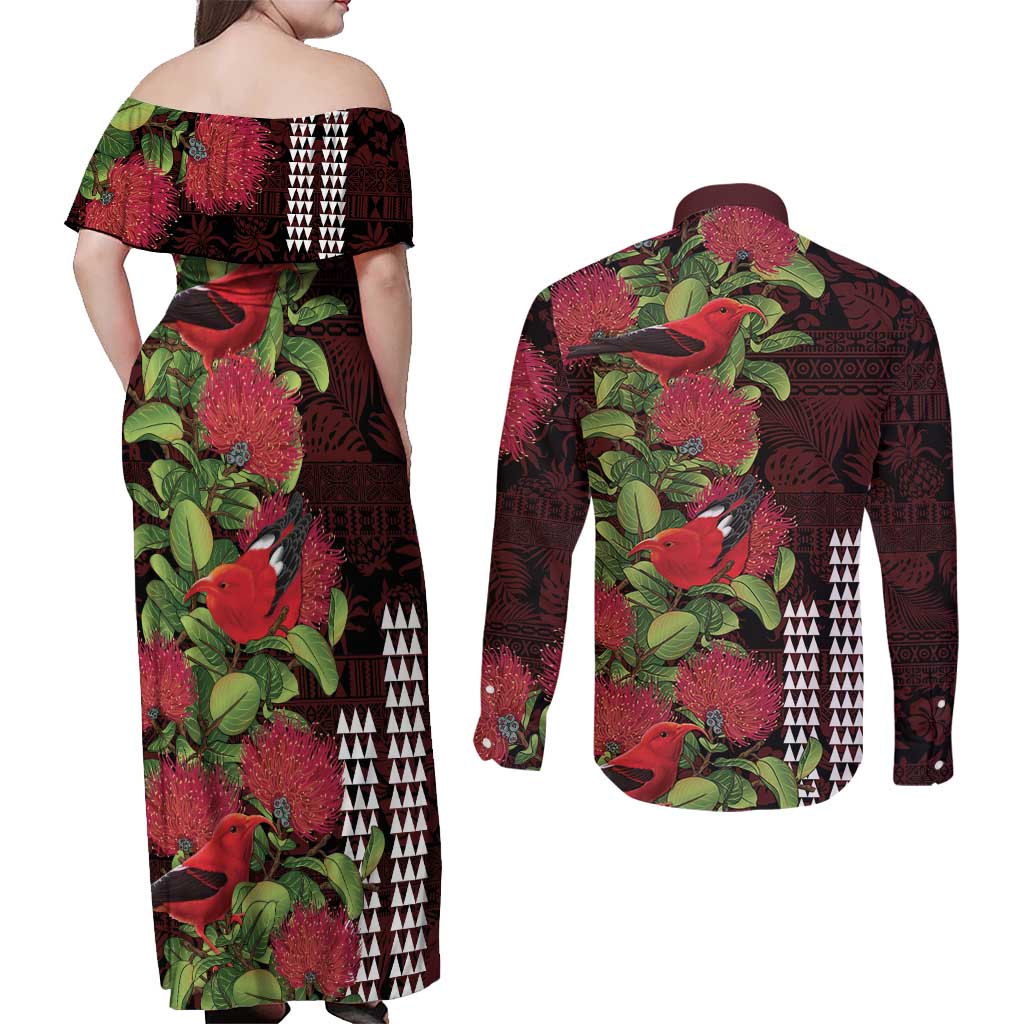 Hawaii Mele Kalikimaka Kakau Couples Matching Off Shoulder Maxi Dress and Long Sleeve Button Shirt I'iwi Bird on Ohia Lehua