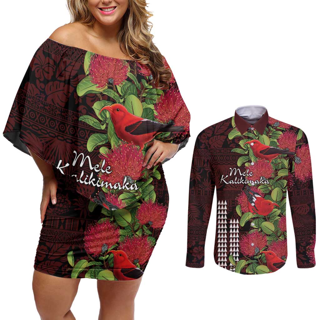 Hawaii Mele Kalikimaka Kakau Couples Matching Off Shoulder Short Dress and Long Sleeve Button Shirt I'iwi Bird on Ohia Lehua
