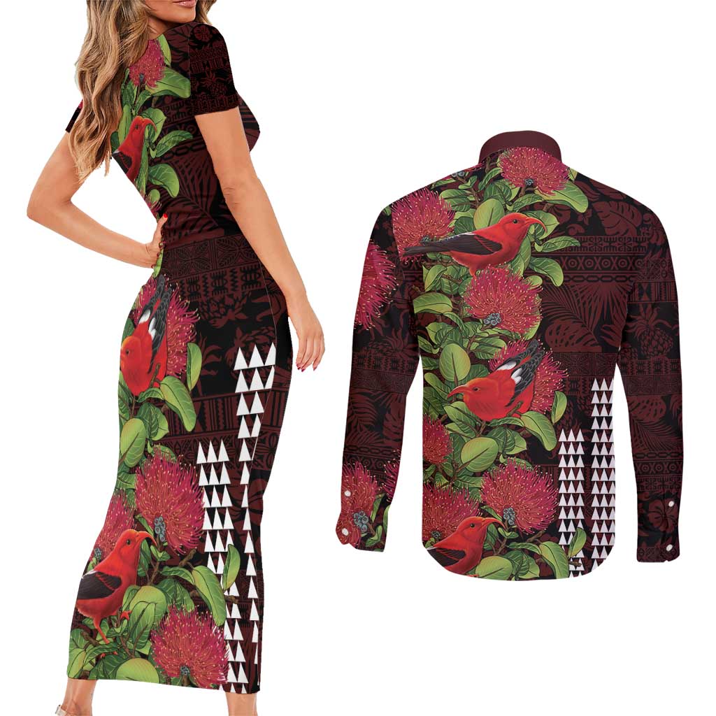 Hawaii Mele Kalikimaka Kakau Couples Matching Short Sleeve Bodycon Dress and Long Sleeve Button Shirt I'iwi Bird on Ohia Lehua