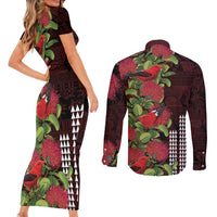 Hawaii Mele Kalikimaka Kakau Couples Matching Short Sleeve Bodycon Dress and Long Sleeve Button Shirt I'iwi Bird on Ohia Lehua