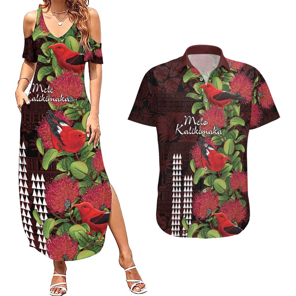 Hawaii Mele Kalikimaka Kakau Couples Matching Summer Maxi Dress and Hawaiian Shirt I'iwi Bird on Ohia Lehua