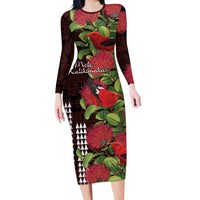 Hawaii Mele Kalikimaka Kakau Family Matching Long Sleeve Bodycon Dress and Hawaiian Shirt I'iwi Bird on Ohia Lehua