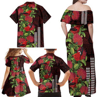 Hawaii Mele Kalikimaka Kakau Family Matching Off Shoulder Maxi Dress and Hawaiian Shirt I'iwi Bird on Ohia Lehua