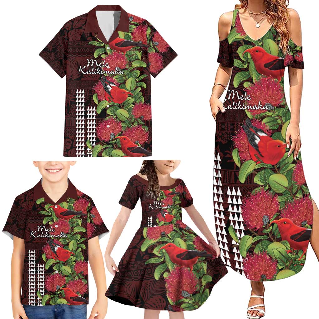 Hawaii Mele Kalikimaka Kakau Family Matching Summer Maxi Dress and Hawaiian Shirt I'iwi Bird on Ohia Lehua