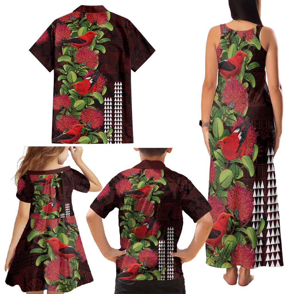 Hawaii Mele Kalikimaka Kakau Family Matching Tank Maxi Dress and Hawaiian Shirt I'iwi Bird on Ohia Lehua