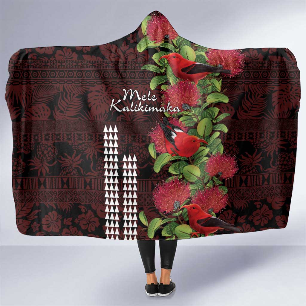 Hawaii Mele Kalikimaka Kakau Hooded Blanket I'iwi Bird on Ohia Lehua