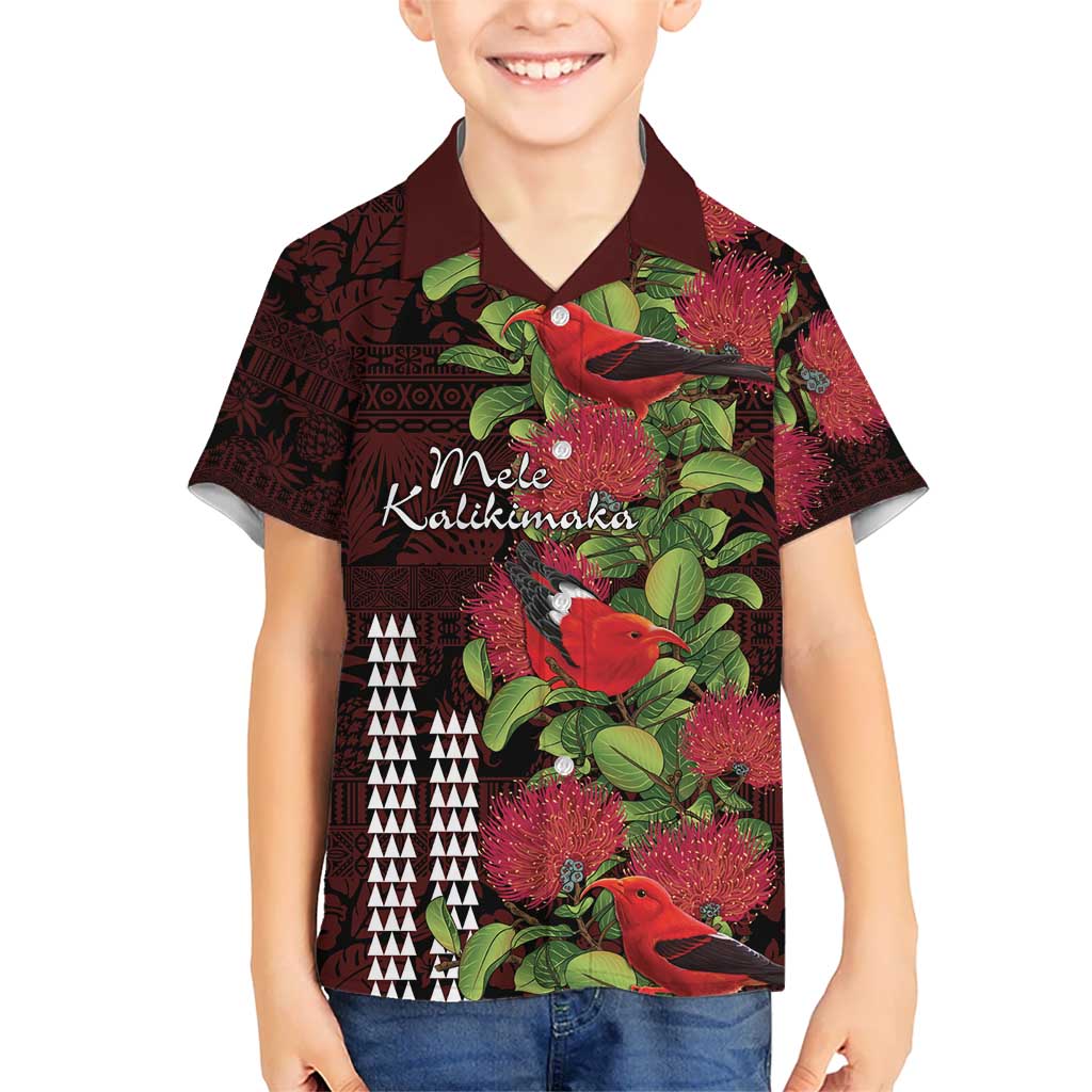 Hawaii Mele Kalikimaka Kakau Kid Hawaiian Shirt I'iwi Bird on Ohia Lehua