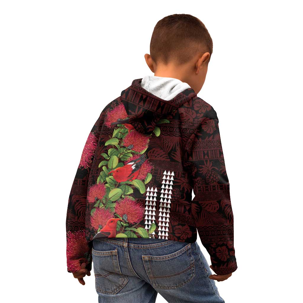 Hawaii Mele Kalikimaka Kakau Kid Hoodie I'iwi Bird on Ohia Lehua