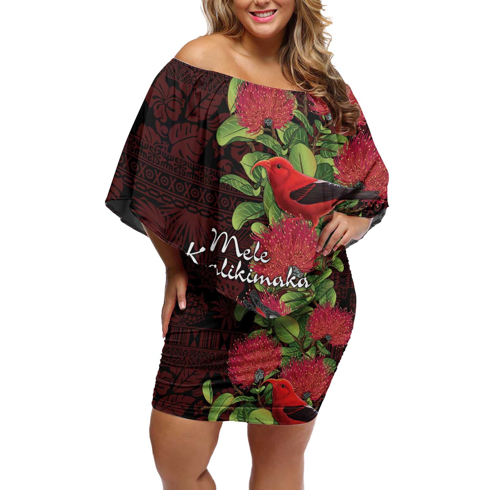 Hawaii Mele Kalikimaka Kakau Off Shoulder Short Dress I'iwi Bird on Ohia Lehua