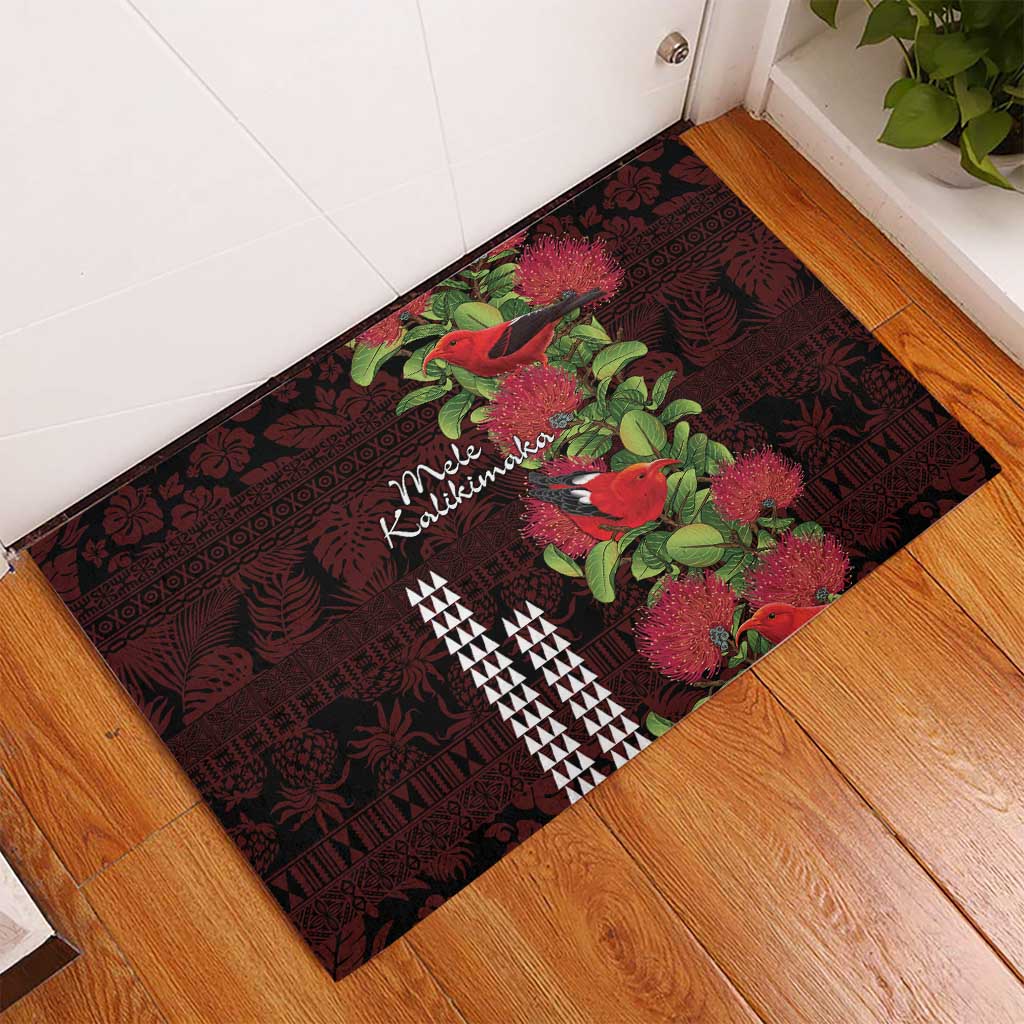 Hawaii Mele Kalikimaka Kakau Rubber Doormat I'iwi Bird on Ohia Lehua