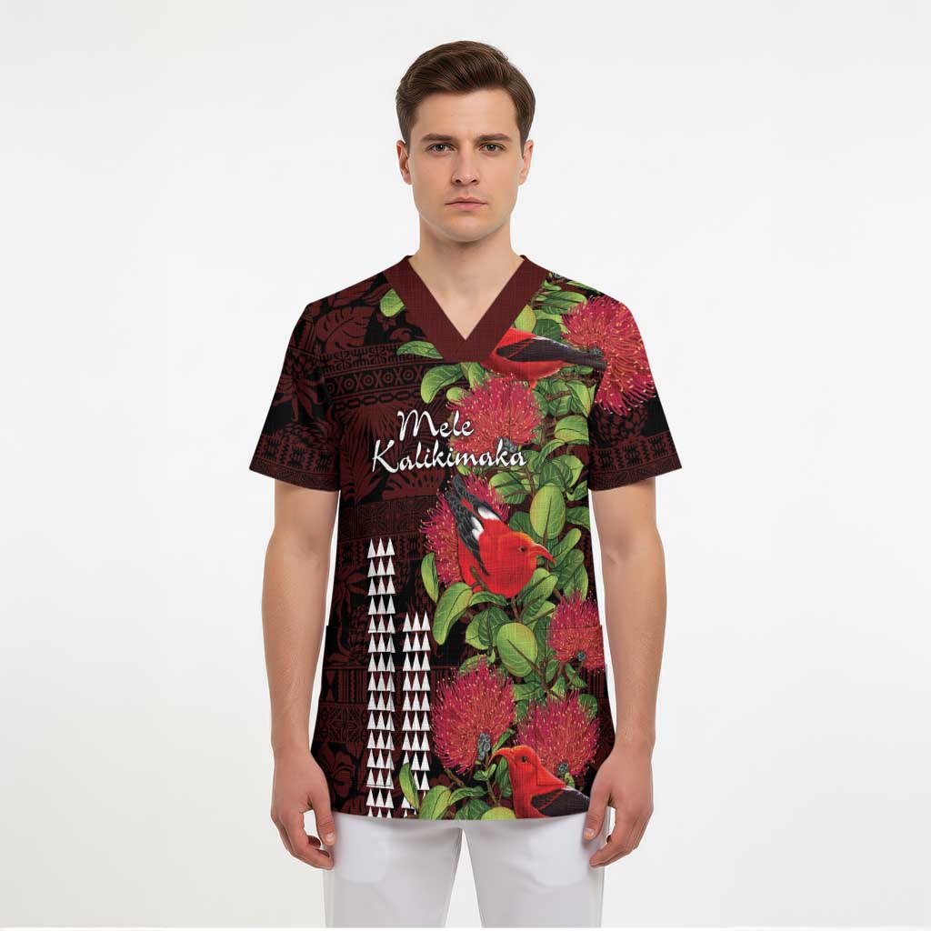 Hawaii Mele Kalikimaka Kakau Scrub Top I'iwi Bird on Ohia Lehua - Polynesian Pride
