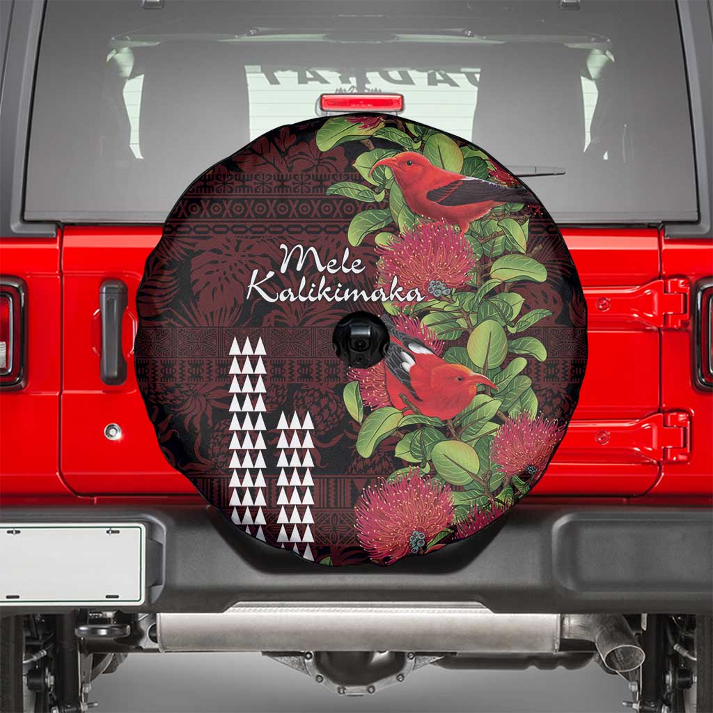 Hawaii Mele Kalikimaka Kakau Spare Tire Cover I'iwi Bird on Ohia Lehua