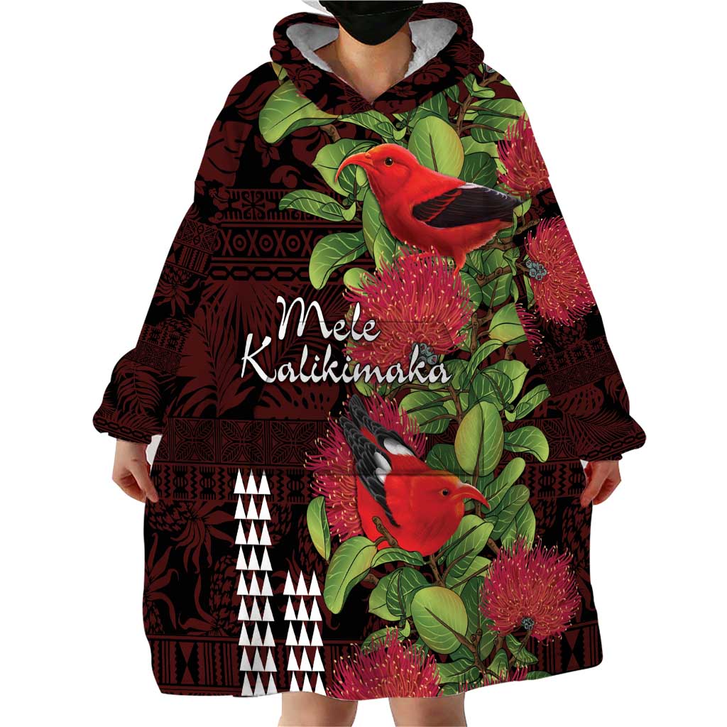 Hawaii Mele Kalikimaka Kakau Wearable Blanket Hoodie I'iwi Bird on Ohia Lehua