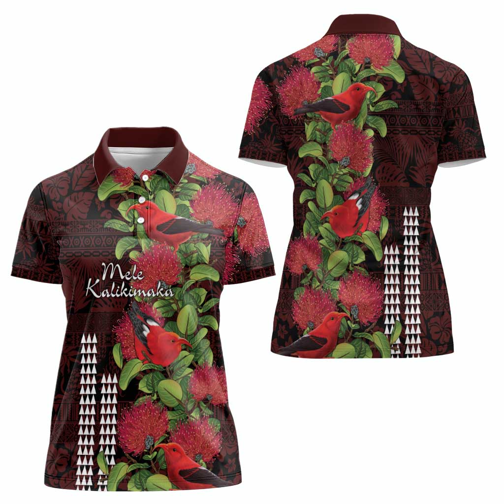 Hawaii Mele Kalikimaka Kakau Women Polo Shirt I'iwi Bird on Ohia Lehua