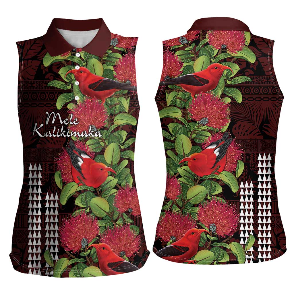 Hawaii Mele Kalikimaka Kakau Women Sleeveless Polo Shirt I'iwi Bird on Ohia Lehua