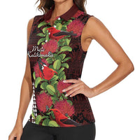 Hawaii Mele Kalikimaka Kakau Women Sleeveless Polo Shirt I'iwi Bird on Ohia Lehua