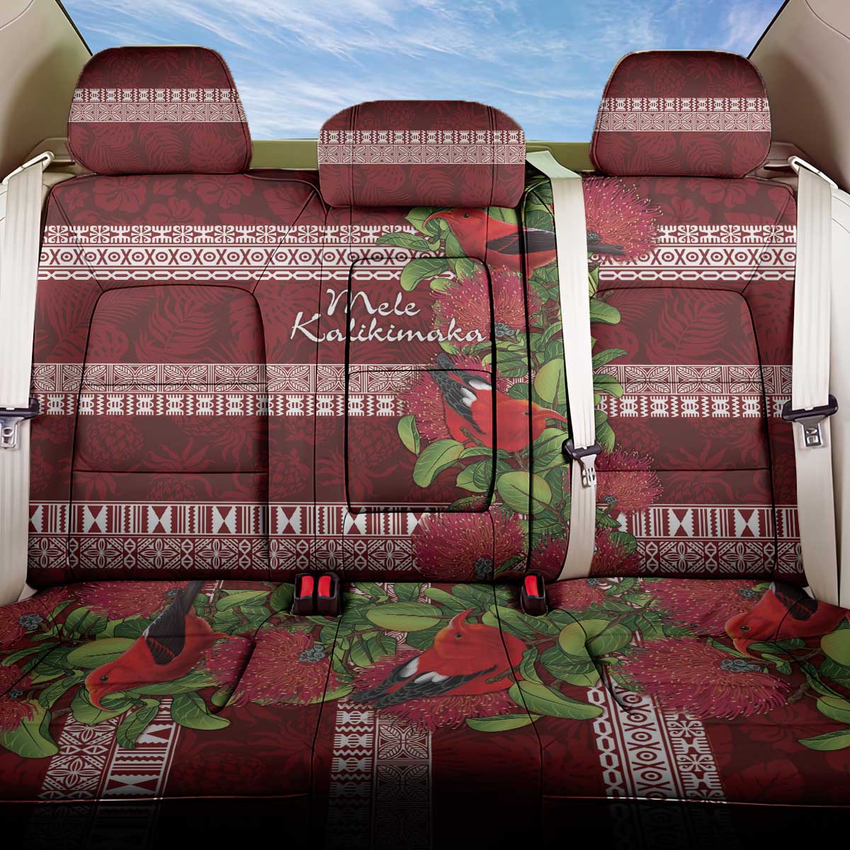 Hawaii Christmas Mele Kalikimaka Back Car Seat Cover I'iwi Bird on Ohia Lehua