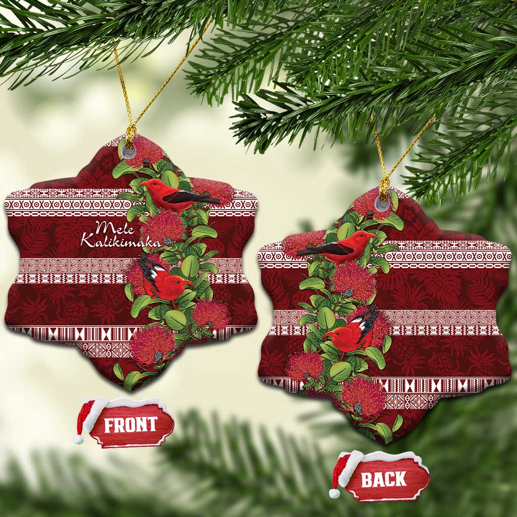Hawaii Christmas Mele Kalikimaka Ceramic Ornament I'iwi Bird on Ohia Lehua