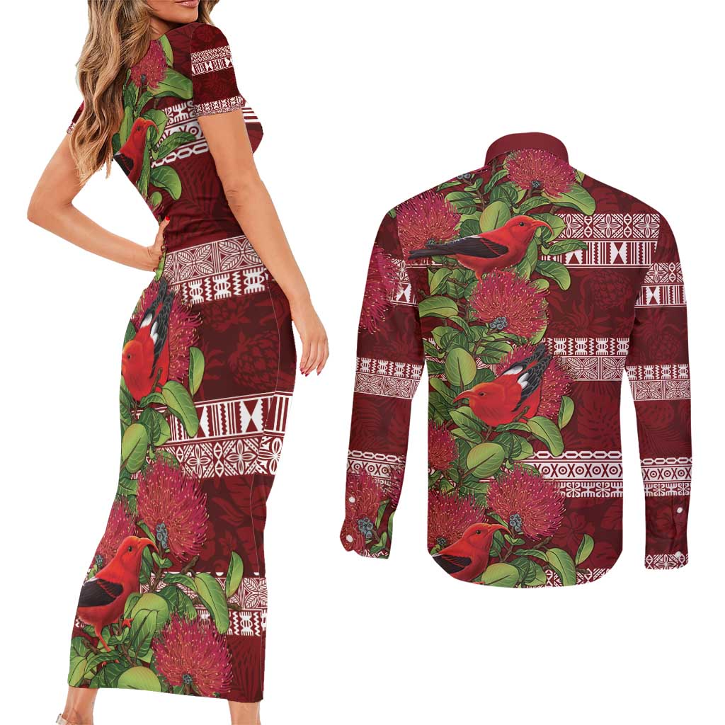 Hawaii Christmas Mele Kalikimaka Couples Matching Short Sleeve Bodycon Dress and Long Sleeve Button Shirt I'iwi Bird on Ohia Lehua