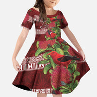 Hawaii Christmas Mele Kalikimaka Family Matching Off Shoulder Maxi Dress and Hawaiian Shirt I'iwi Bird on Ohia Lehua LT7 Daughter's Dress Red White - Polynesian Pride