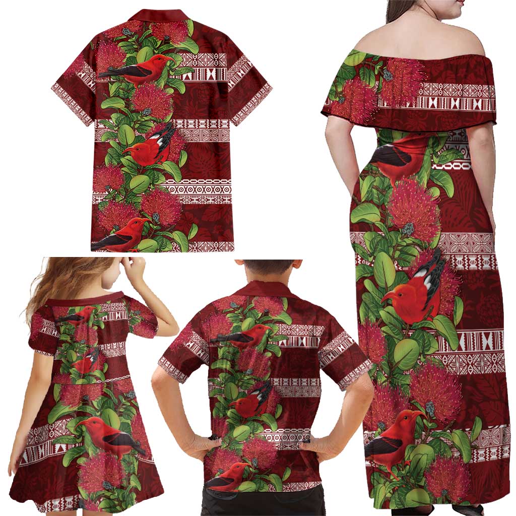 Hawaii Christmas Mele Kalikimaka Family Matching Off Shoulder Maxi Dress and Hawaiian Shirt I'iwi Bird on Ohia Lehua LT7 - Polynesian Pride